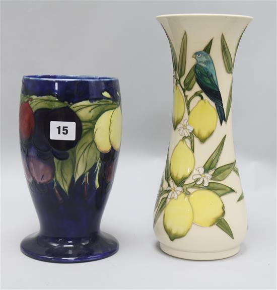 A Moorcroft lemons vase and a restored fruit vase